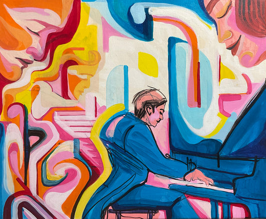 Abstract Music Painting – Pianist at the Piano, Colorful Modern Art on Canvas