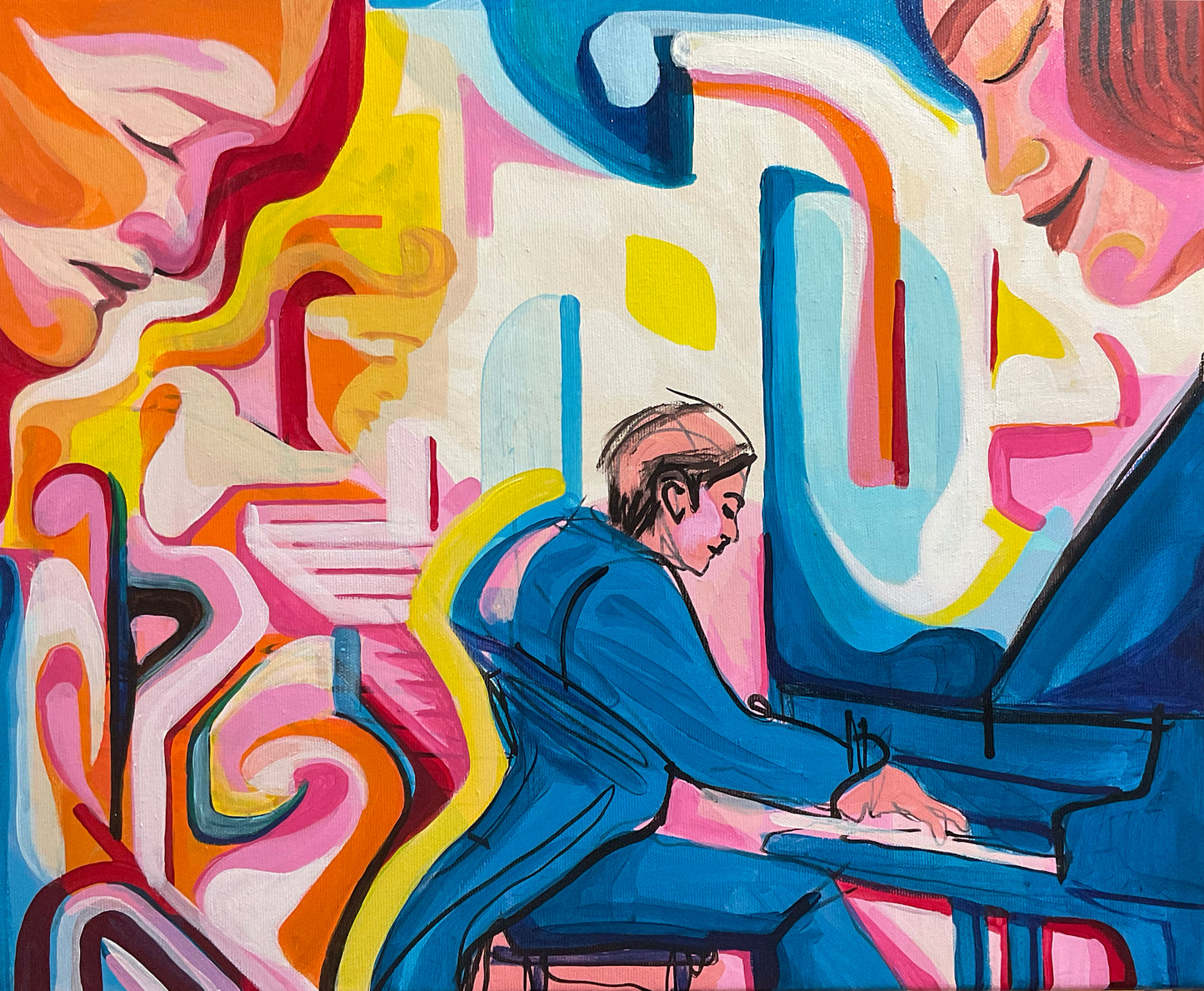 Abstract Music Painting – Pianist at the Piano, Colorful Modern Art on Canvas